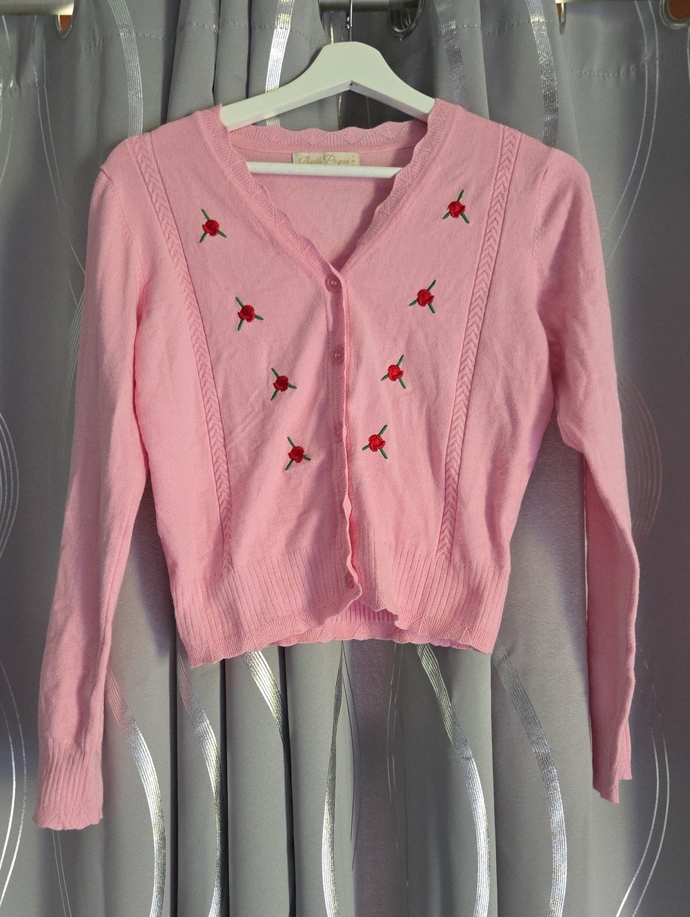 Belle Pogue Pink Embroidered Rose V-Neck Cardigan Sweater Small